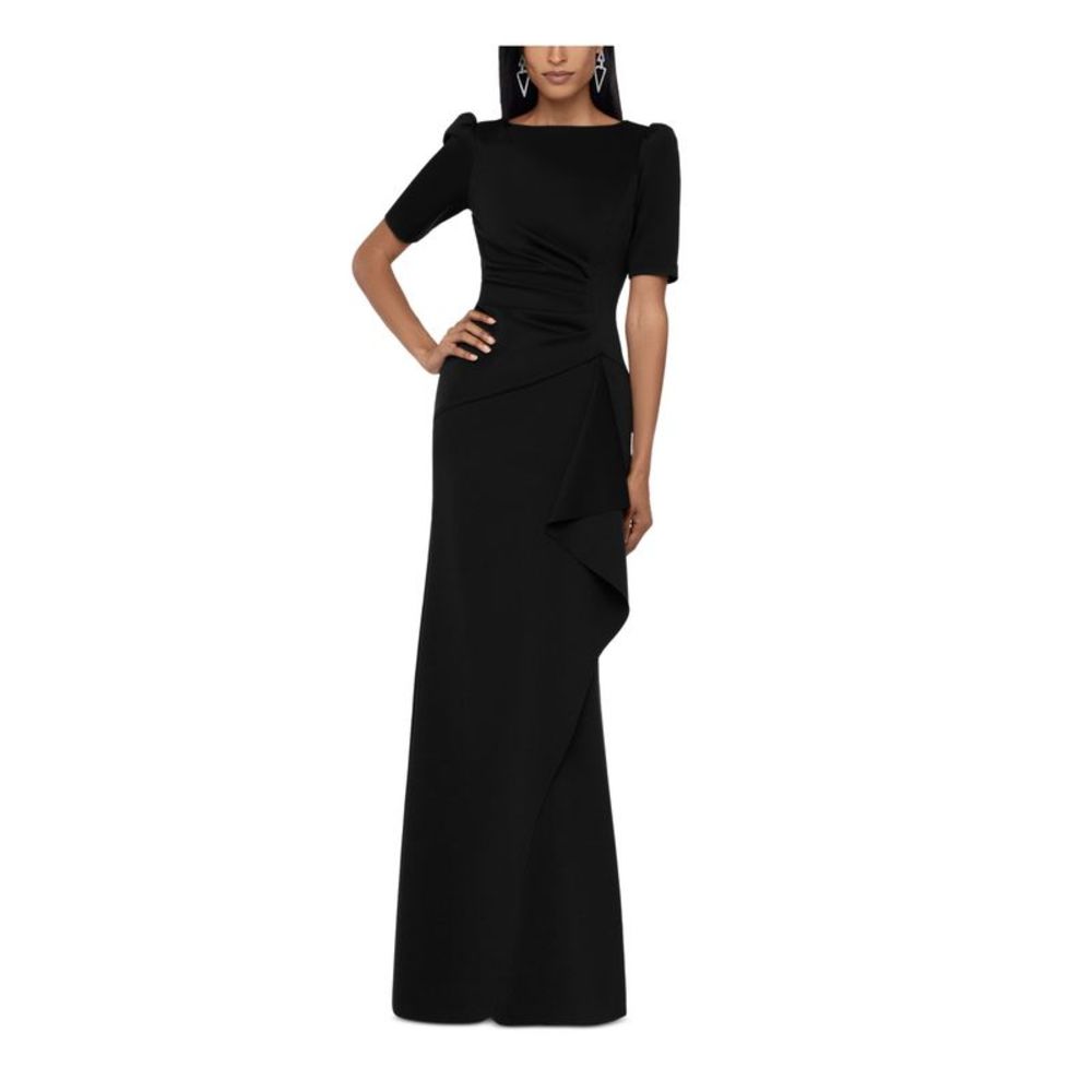 XSCAPE Womens Black Draped Tulip Skirt Elbow Sleeve Full-Length Gown Dress 16